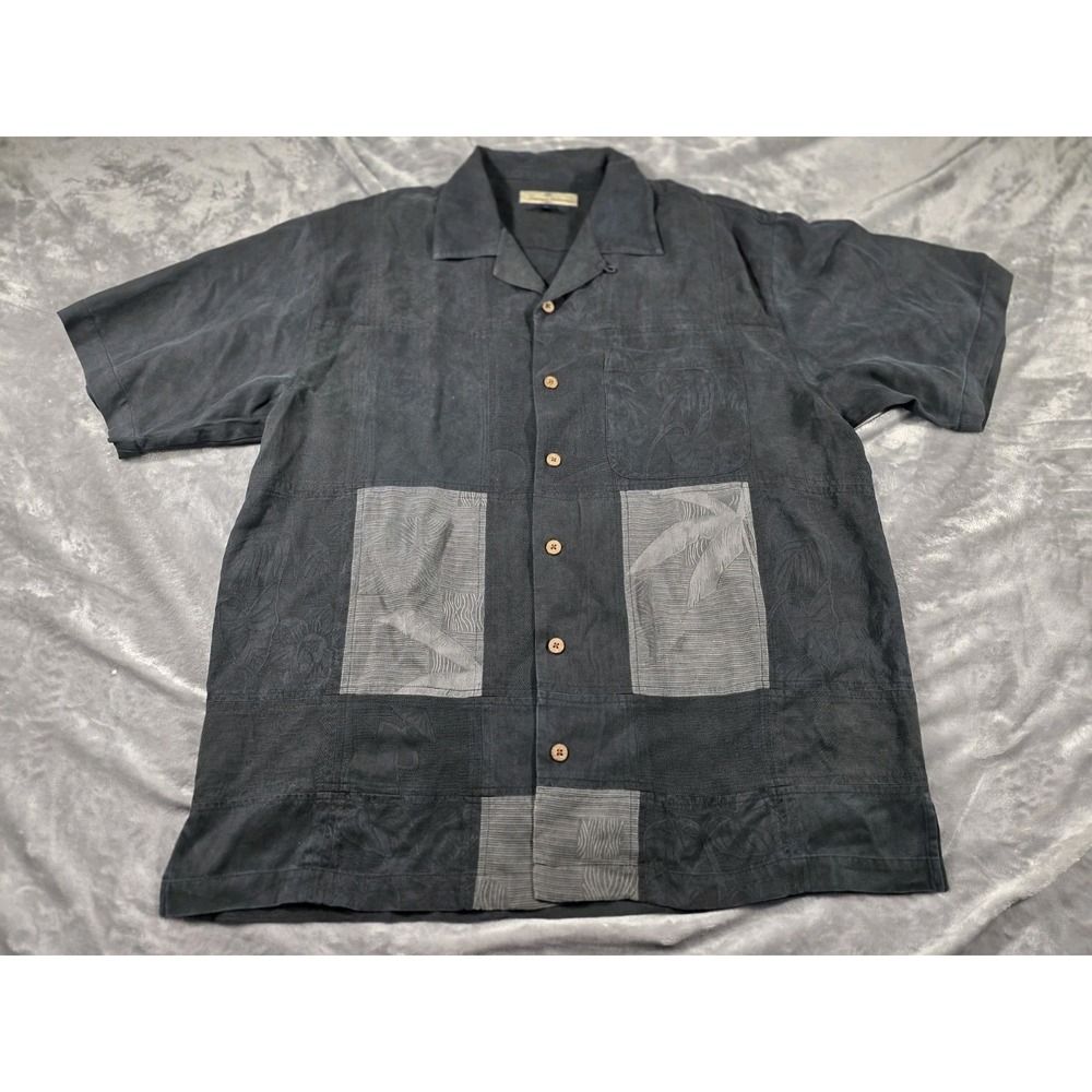 Tommy Bahama‎ Silk Camp Shirt Block Patch Mens S/S Large, Monkeys/palm trees